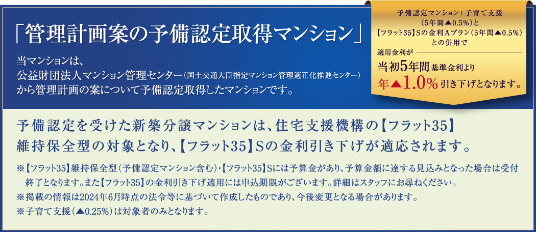 「管理計画案の予備認定取得マンション」【フラット35】S　金利Bプラントとの併用で適用金利が、当初10年間基準金利より、年▲0.25％引き下げ
